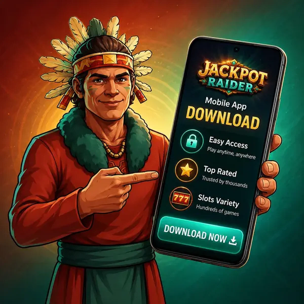 Riverborn character welcoming players to download the Jackpotraider Android app on smartphone