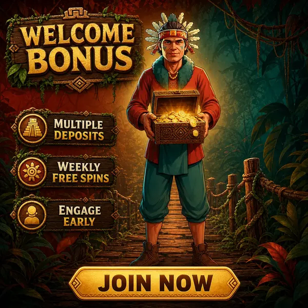 Player holds welcome bonus box filled with golden tokens at Jackpotraider jungle trail