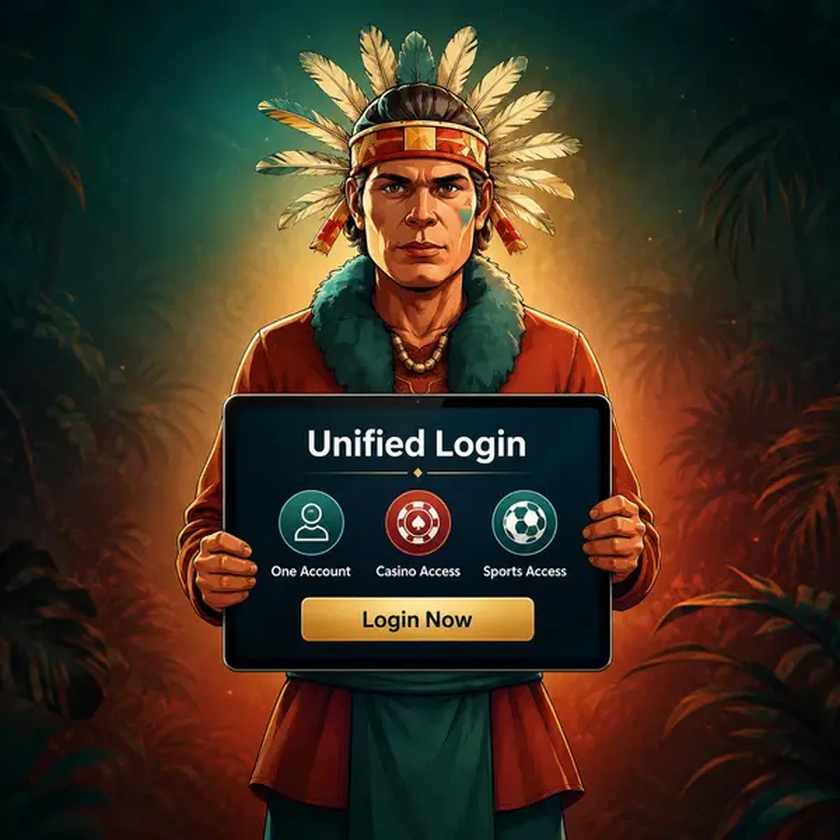 Character with feather headdress presents unified login tablet for Unified Login Architecture casino and sports access