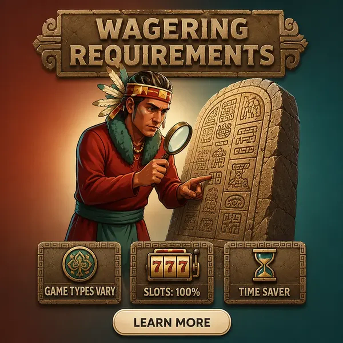 Professional dealer examining wagering requirements stone tablet with Game Eligibility and Wagering Requirements