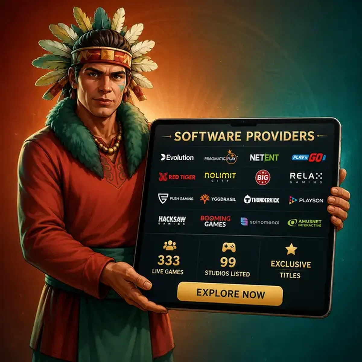 Riverborn dealer presenting software providers on tablet at Jackpotraider Casino