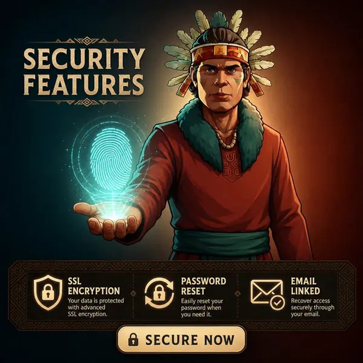 Player presenting security features with glowing fingerprint at Security Features and Password Recovery login portal