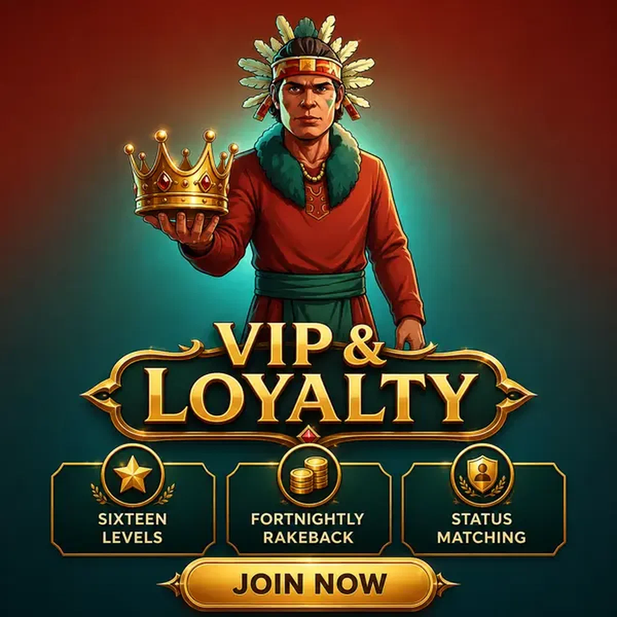 Character presenting golden crown at Jackpotraider VIP loyalty program entrance